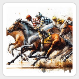 Artistic illustration of horses neck and neck in a horse race. Sticker